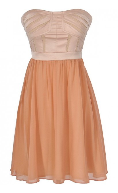 Different Angles Strapless Chiffon Designer Dress in Beige/Peach